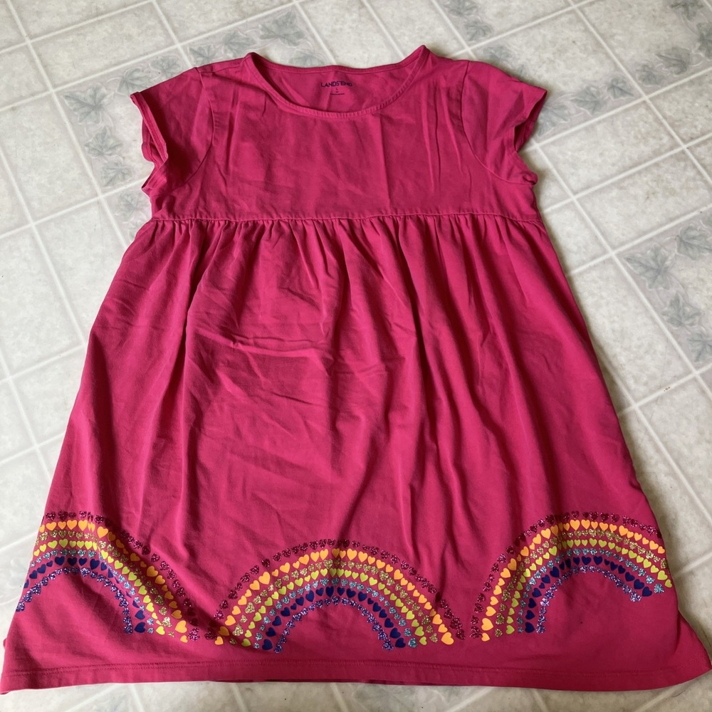 Lands' End Pink Knit rainbow graphic border Cap Sleeve Dress 14 plus modest